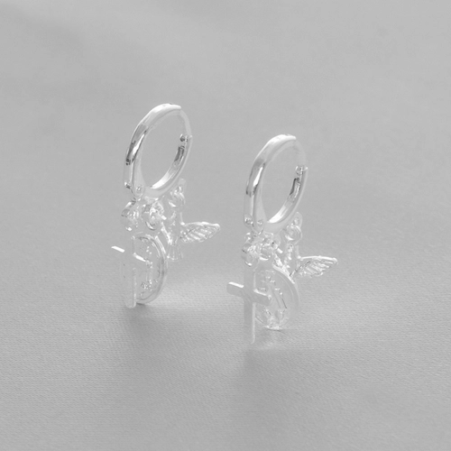 Brinco de Prata Leve Argola Articulada com Pingente do Espirito Santo ,N S das Graças e Cruz