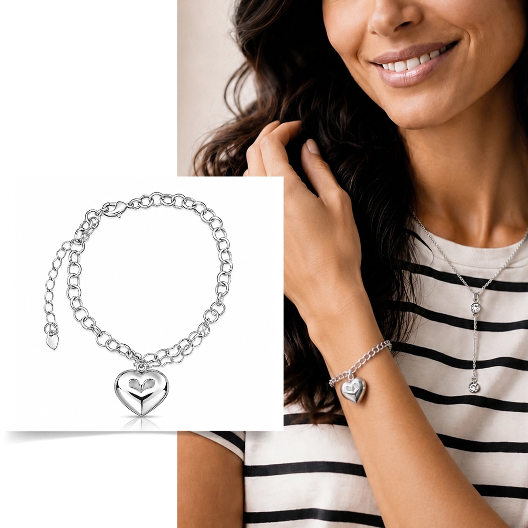 Pulseira em Malha Portuguesa com Coração Espelhado