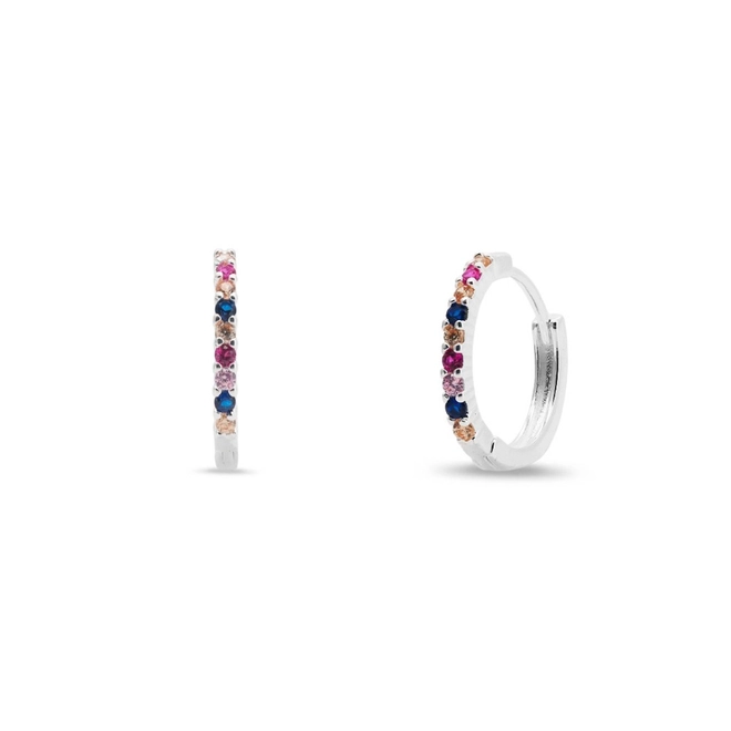Brinco De Prata Leve Argola Linha Clic Com Zircônias Coloridas