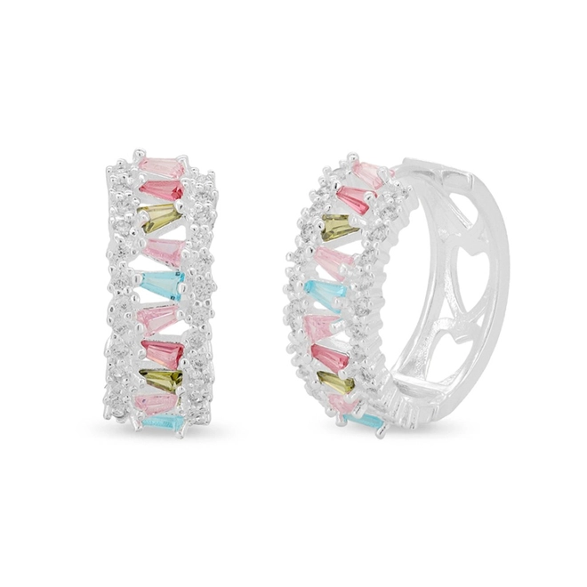 Brinco De Prata Leve Argola Com Zircônias Coloridas