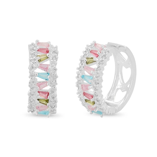 Brinco De Prata Leve Argola Com Zircônias Coloridas