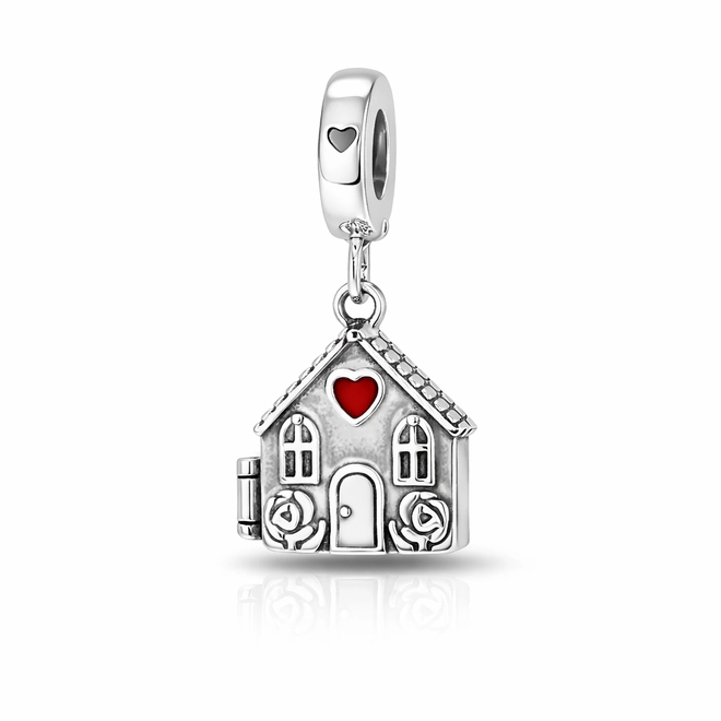 Berloque Casa Envelhecida com Coração Rosa Esmaltado