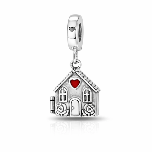 Berloque Casa Envelhecida com Coração Rosa Esmaltado