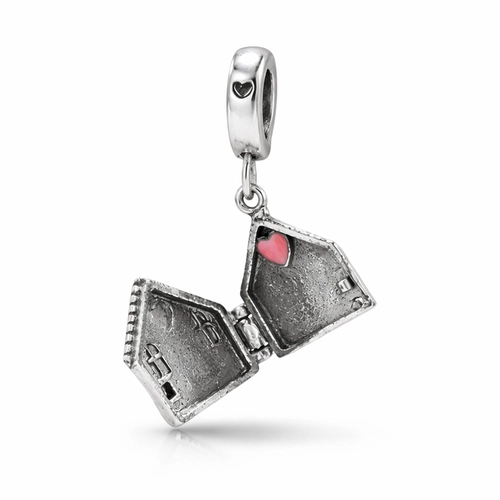 Berloque Casa Envelhecida com Coração Rosa Esmaltado