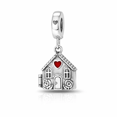 Berloque Casa Envelhecida com Coração Rosa Esmaltado
