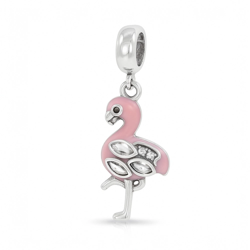Berloque Flamingo Rosa Esmaltado e Zircônias Cristal