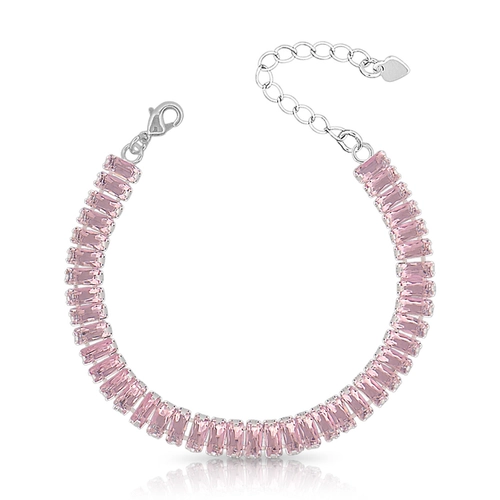 Pulseira de Prata Leve Riviéra com Zircônia Rosa Retangular