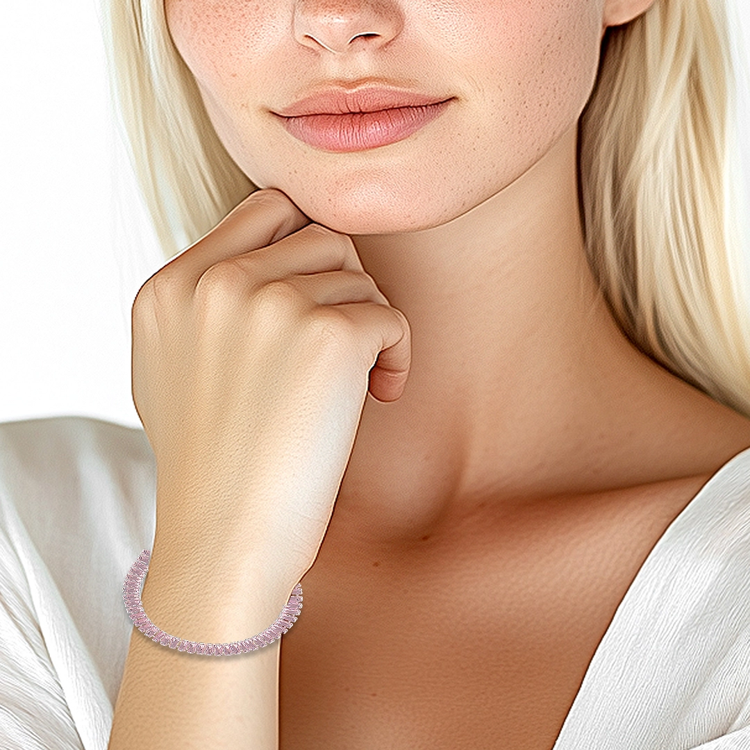 Pulseira de Prata Leve Riviéra com Zircônia Rosa Retangular