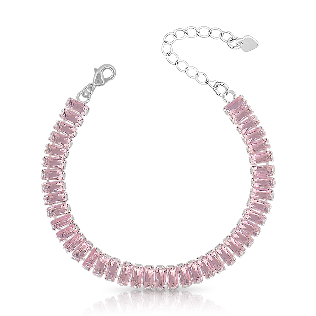 Pulseira de Prata Leve Riviéra com Zircônia Rosa Retangular
