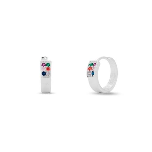 Brinco de Prata Leve Argola Clic com Zircônias Coloridas Cravejadas