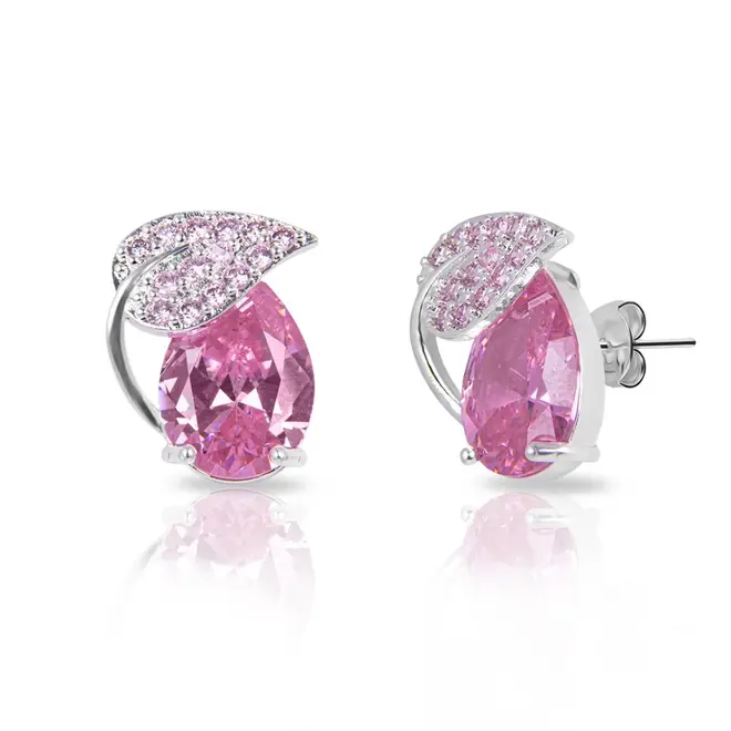 Brinco de Prata Leve Top Gota de Zircônia Rosa com Folha