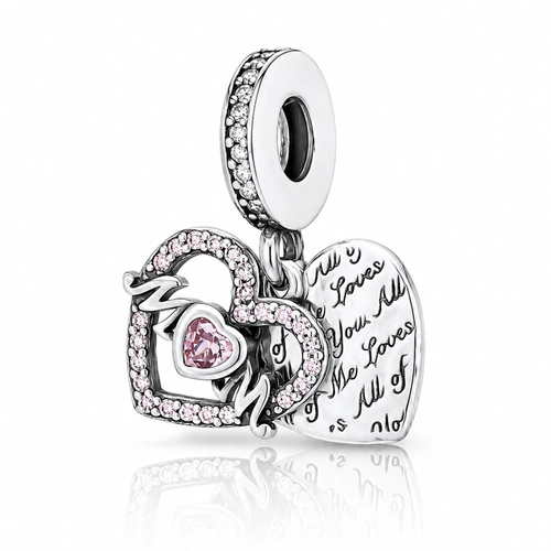 Berloque Coração Duplo MOM com Zircônias Cristal e Rosa