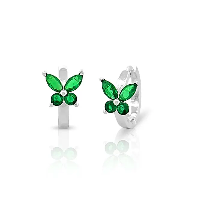 Brinco de Prata Leve Argola Click Com Borboleta e Zircônias Esmeralda