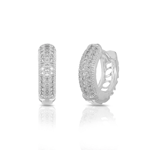 Brinco de Prata Leve Argola Click  Com Três Fileiras Cravejadas de Zircônias Cristal