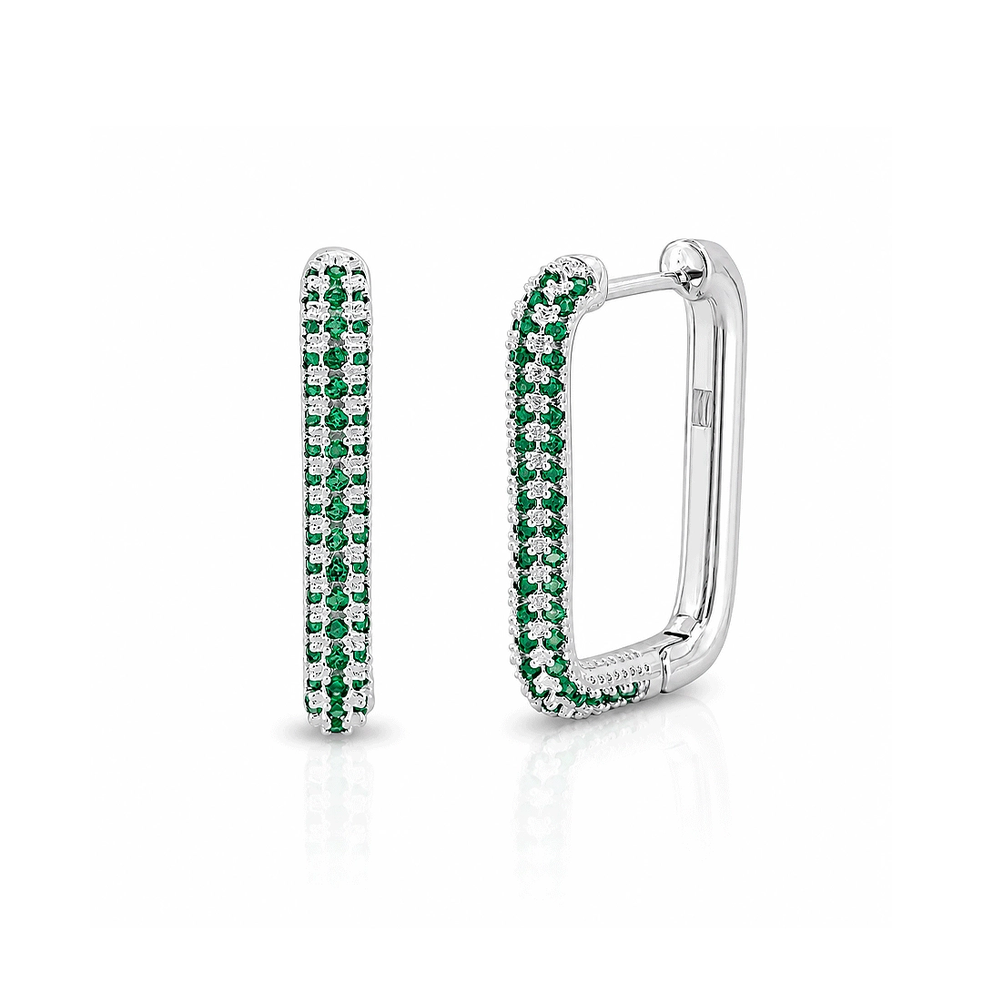 Brinco Argola Retangular com Zircônias Esmeralda