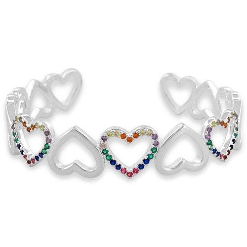 Bracelete Em Prata Leve de Corações Vazados e Zircônias Coloridas