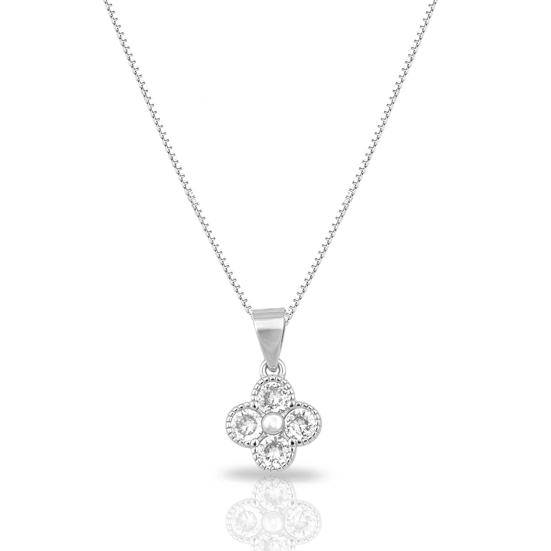 Gargantilha em Prata com Pingente de Flor  em Zircônias Cristal