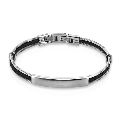 Pulseira com Cabo Náutico, Couro Trançado e Placa Fosca