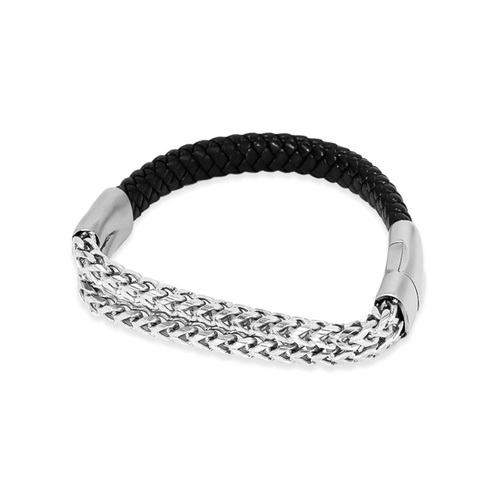 Pulseira com Couro Sintético Trançado e Corrente Gourmette Dupla