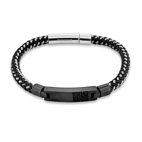 Pulseira com Cabo Náutico Trançado, Placa Carbonada e Zircônia Ônix