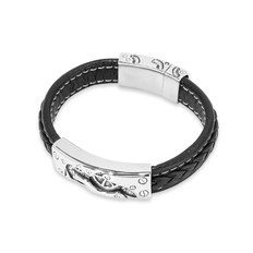 Pulseira com Couro Sintético Preto e Placa Trabalhada
