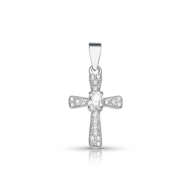Pingente de Prata Cruz Espelhada com Zircônia Cristal