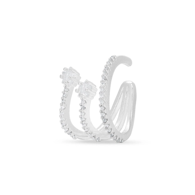 Brinco Ear Cuff De Prata Leve Três Fios Com Zircônias Cristal