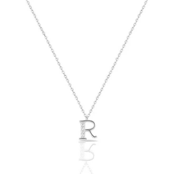Gargantilha de Prata com Pingente de Letra R e Zircônias Cristal