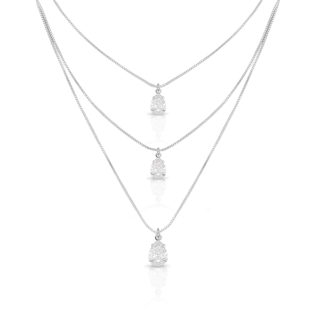 Gargantilha Tripla Com Zircônias Cristal Gota