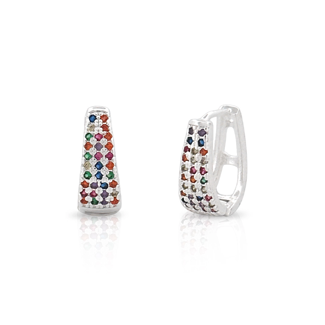 Brinco de Prata Leve Argola Click Oval Com Zircônias Coloridas