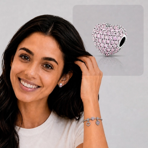 Berloque Trava de Coração com Zircônias Rosa Cravejadas