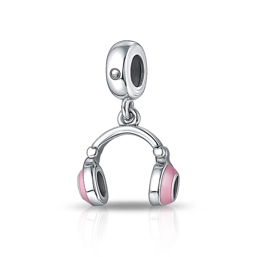Berloque Fone de Ouvido com Resina Rosa e Zircônia Cristal