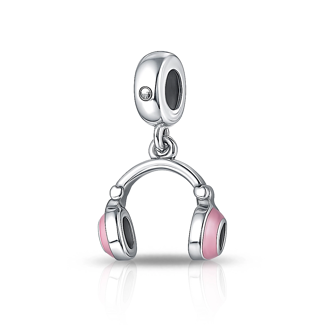 Berloque Fone de Ouvido com Resina Rosa e Zircônia Cristal