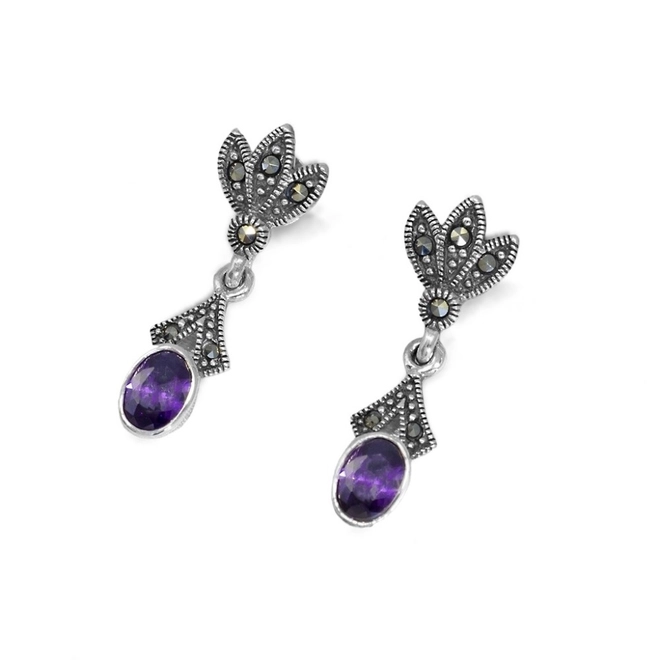 Brinco de Prata Balanço com Marcassita e Zircônia Ametista Oval