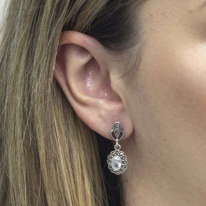 Brinco de Prata Balanço com Marcassita e Zircônia Cristal Oval