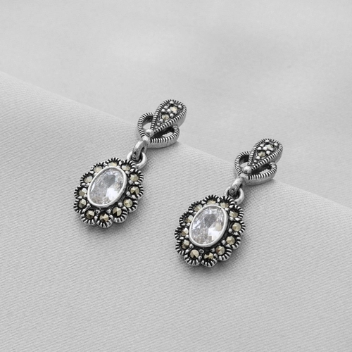 Brinco de Prata Balanço com Marcassita e Zircônia Cristal Oval