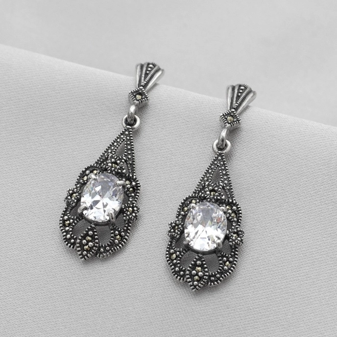 Brinco de Prata Balanço com Marcassita e Zircônia Cristal Gota