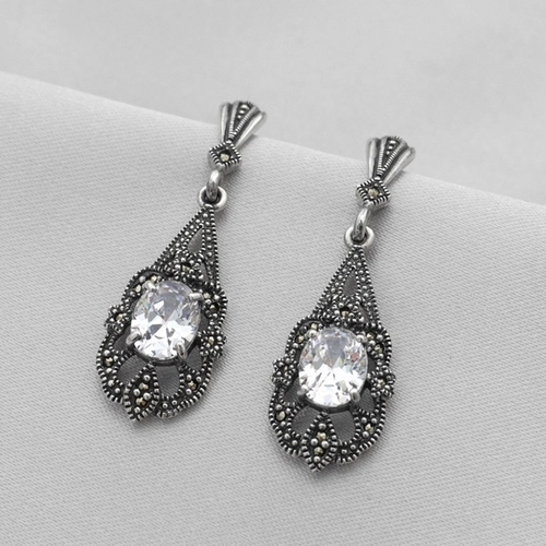 Brinco de Prata Balanço com Marcassita e Zircônia Cristal Gota