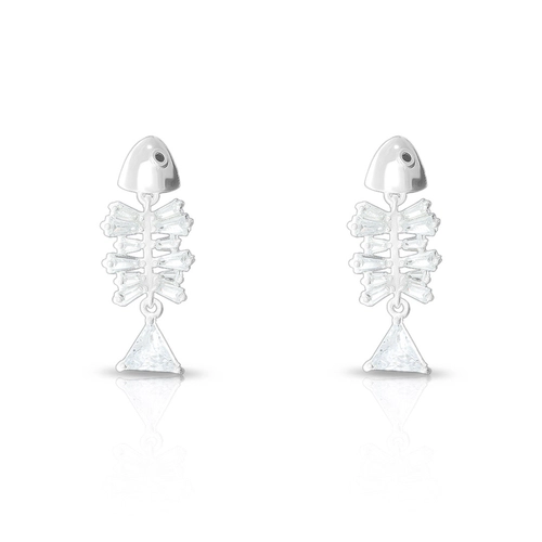 Brinco De Prata Leve Balanço Peixe Com Zircônia Cristal