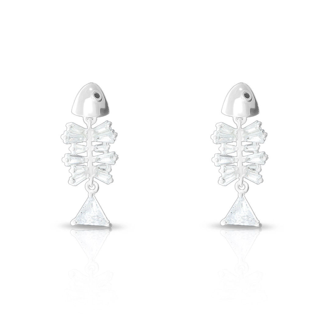 Brinco De Prata Leve Balanço Peixe Com Zircônia Cristal