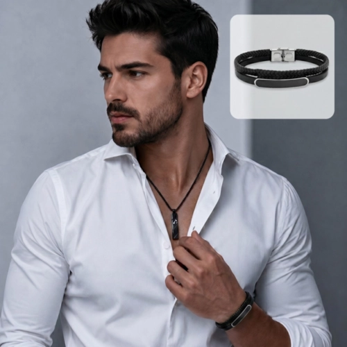 Bracelete Duplo Couro Preto Trançado Com Placa Carbonada Espelhada