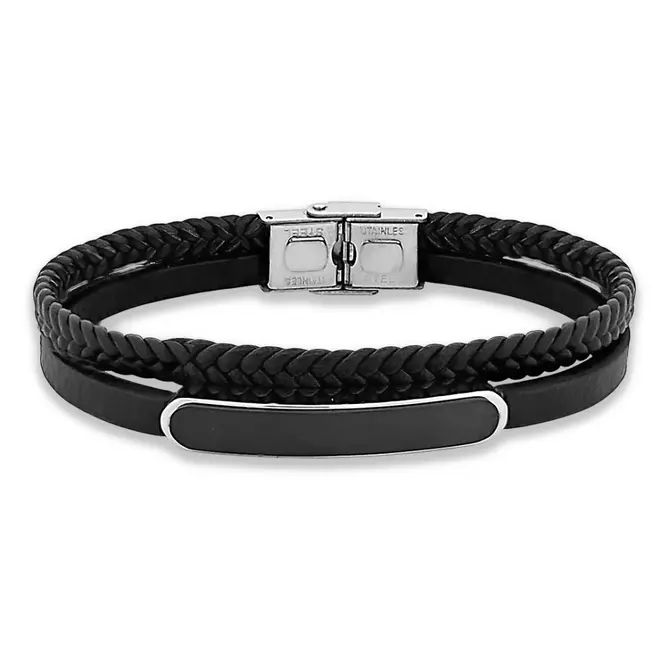 Bracelete Duplo Couro Preto Trançado Com Placa Carbonada Espelhada
