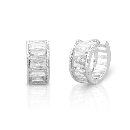 Brinco de Prata Leve Argola Click com Zircônias Cristal Retangulares