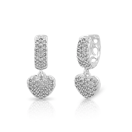Brinco de Prata Leve Argola Click com Coração de Zircônias Cristal