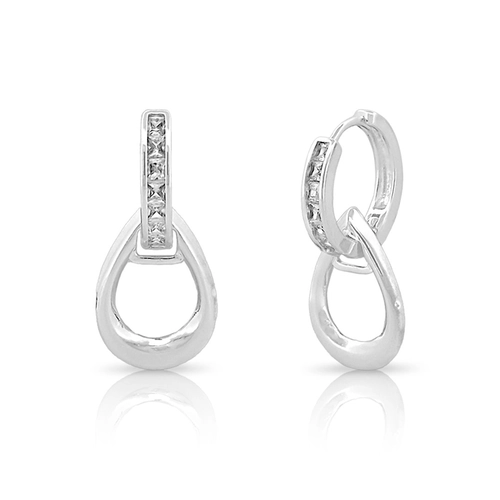 Brinco de Prata Leve Argola Click com Zircônia Cristal e Gota Vazada