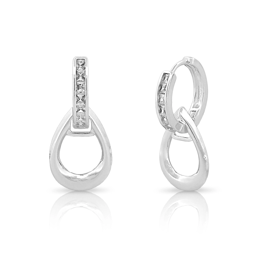 Brinco de Prata Leve Argola Click com Zircônia Cristal e Gota Vazada