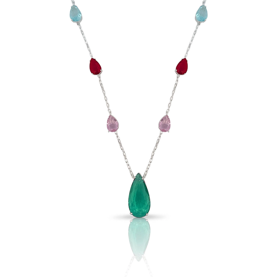 Gargantilha de Prata Leve Colors com Zircônias Glass Gota Coloridas