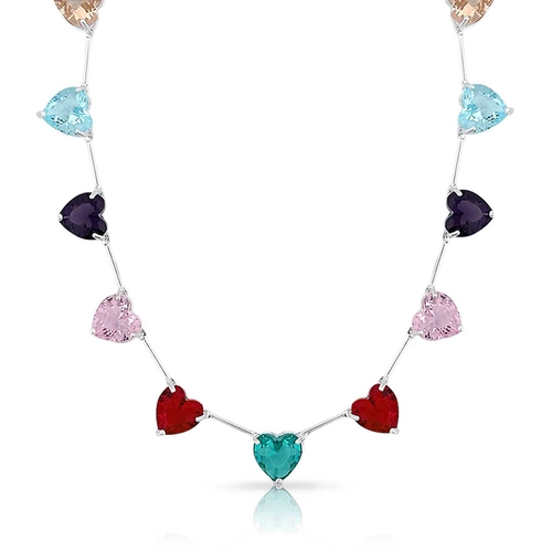 Gargantilha de Prata Leve Colors Corações em Zircônias Glass Coloridas
