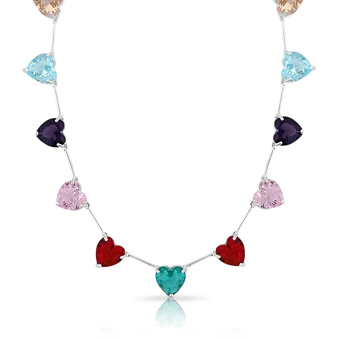 Gargantilha de Prata Leve Colors Corações em Zircônias Glass Coloridas