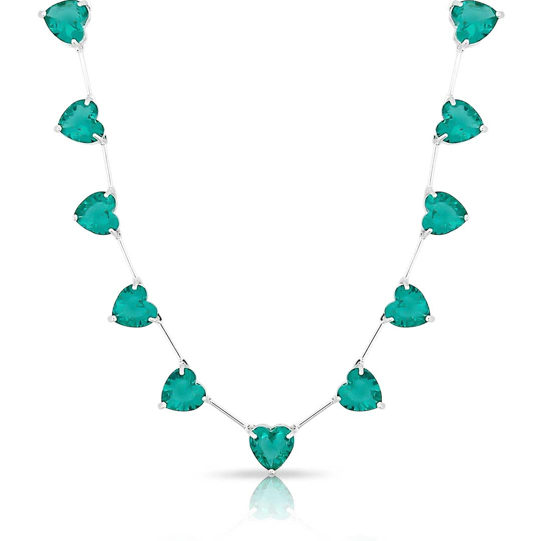 Gargantilha de Prata Leve Colors Corações em Zircônias Glass Esmeralda
